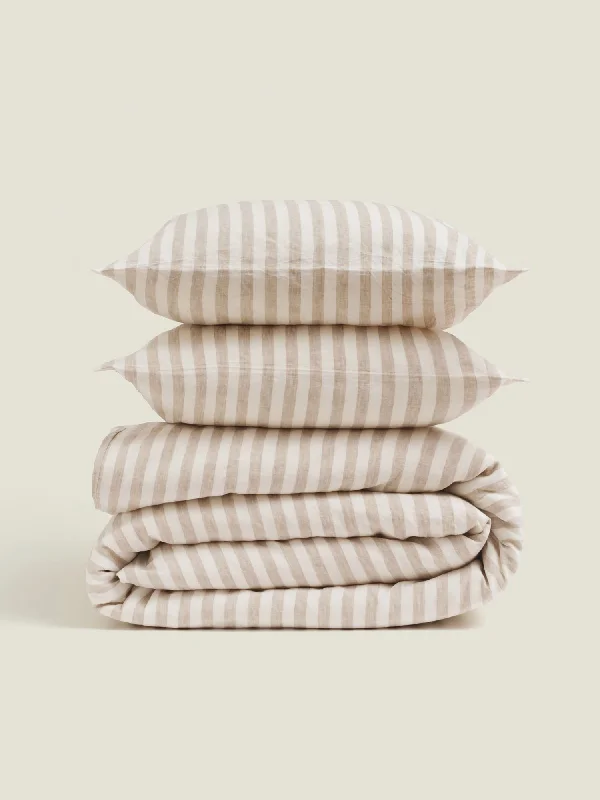 100% Linen Duvet Set in Wide Natural Stripes