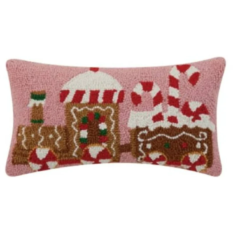 16"x9" Gingerbread Train With Candy Cane Swirls Hook Pillow In Pink