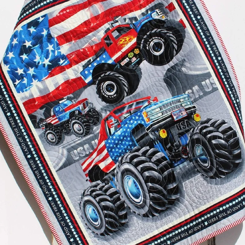 American Monster Truck Quilt Boy Baby Blanket Nursery Bedding Newborn Baby Shower Gifts Handmade Personalized with Name Patriotic USA Racing