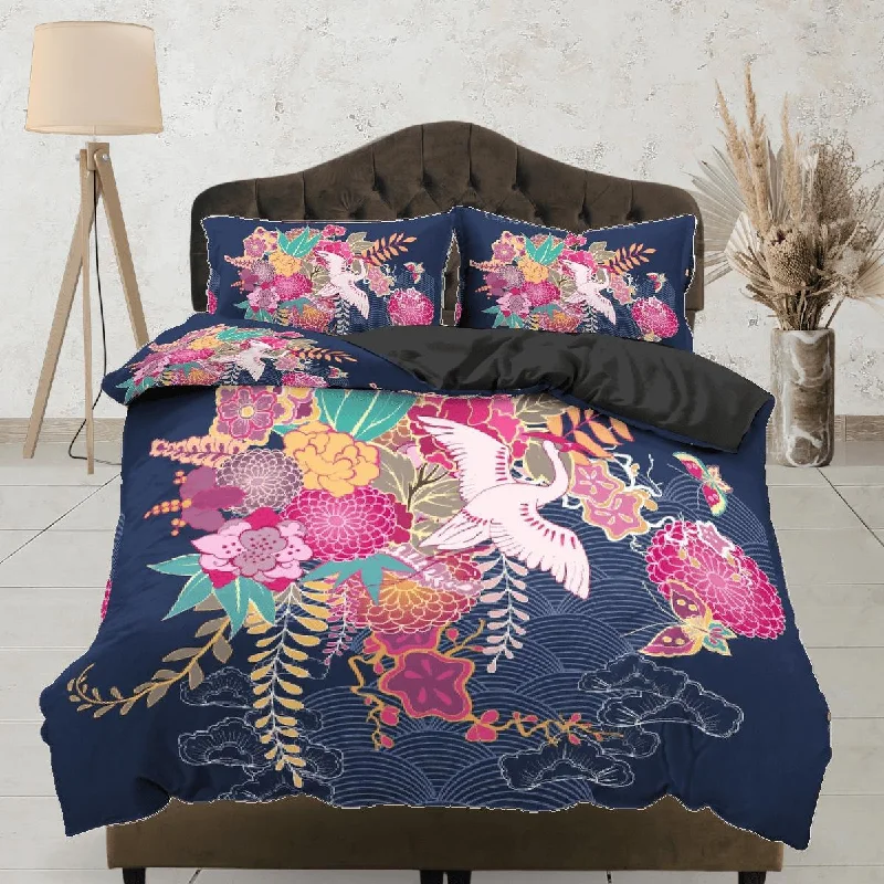 Blue Floral Duvet Cover Set, Japanese Ikebana Crane Bird Comforter Cover Set Pillowcase | Size King, Queen, Full, Twin & Single Bedding Set