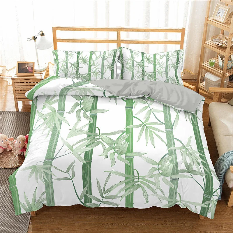 Botanical Duvet Cover Set Lucky Bamboo, White Bedspread Dorm Bedding Set