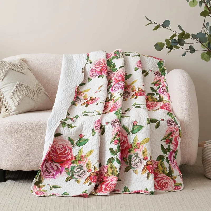 Year-End Clearance DaDa Bedding Romantic Roses Floral Throw Blanket - Lovely Spring Pink & White Scalloped Colorful Lightweight Breathable - Bright Vibrant Quilted Throw Blanket - 50 x 60
