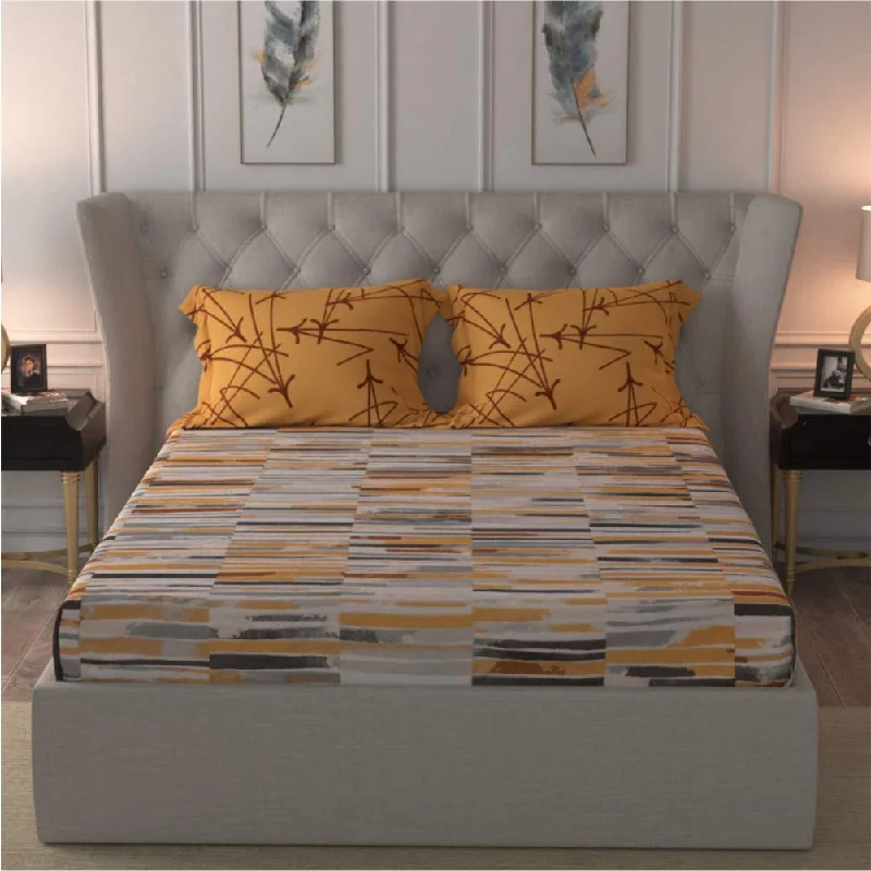 Divine Collection - 144 TC 100%  Cotton Double Bedsheet with 2 Pillow Covers, Stripes Mustard