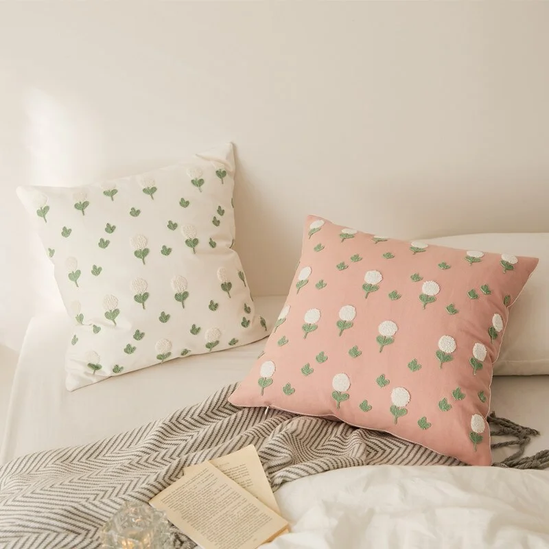 Floral Embroidered Cotton Pillow Cover