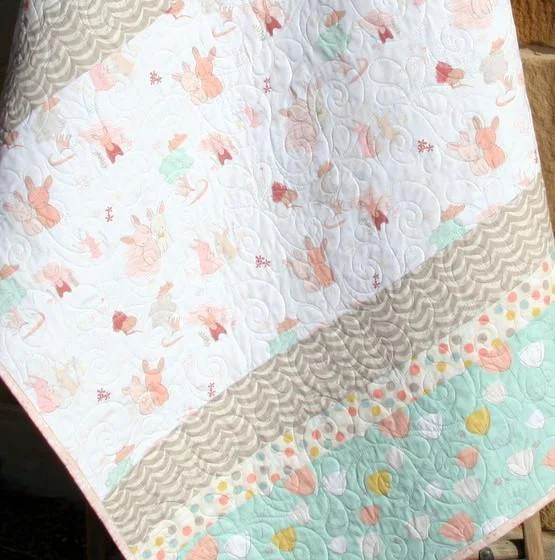 Girl Crib Quilt, Pastel Bunnies Flowers, Coral Mint Grey, Personalized Baby Quilt, Add Name