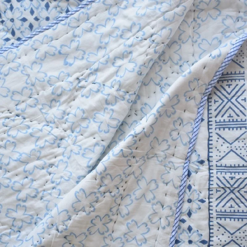 Handcrafted Cotton Reversible Quilt - White & Blue