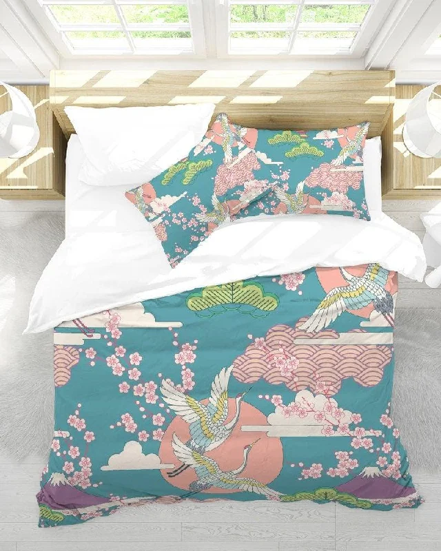 Japanese Duvet Cover Cherry Blossom Floral Bedding Set with Pillow Cover Case