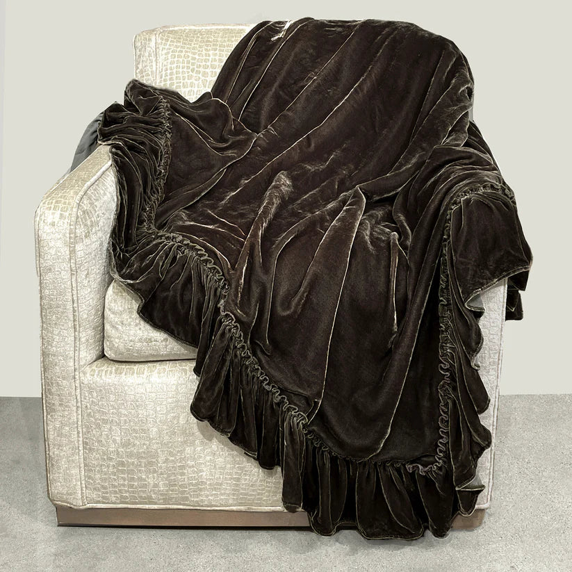 Linen Salvage Luxe Isabella Tatter Velvet Ruffle Throw - Cacao