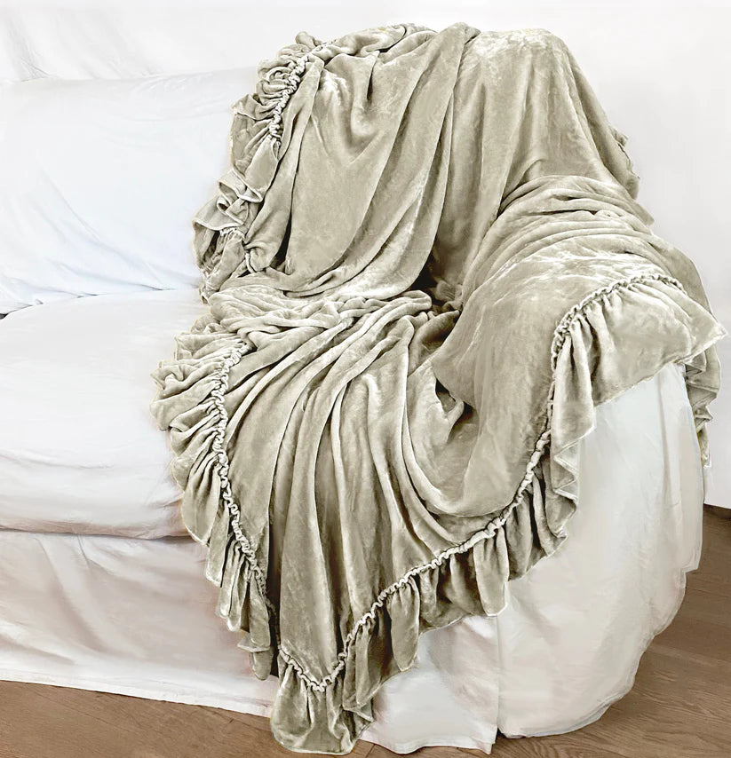 Linen Salvage Luxe Isabella Tatter Velvet Ruffle Throw - Champagne