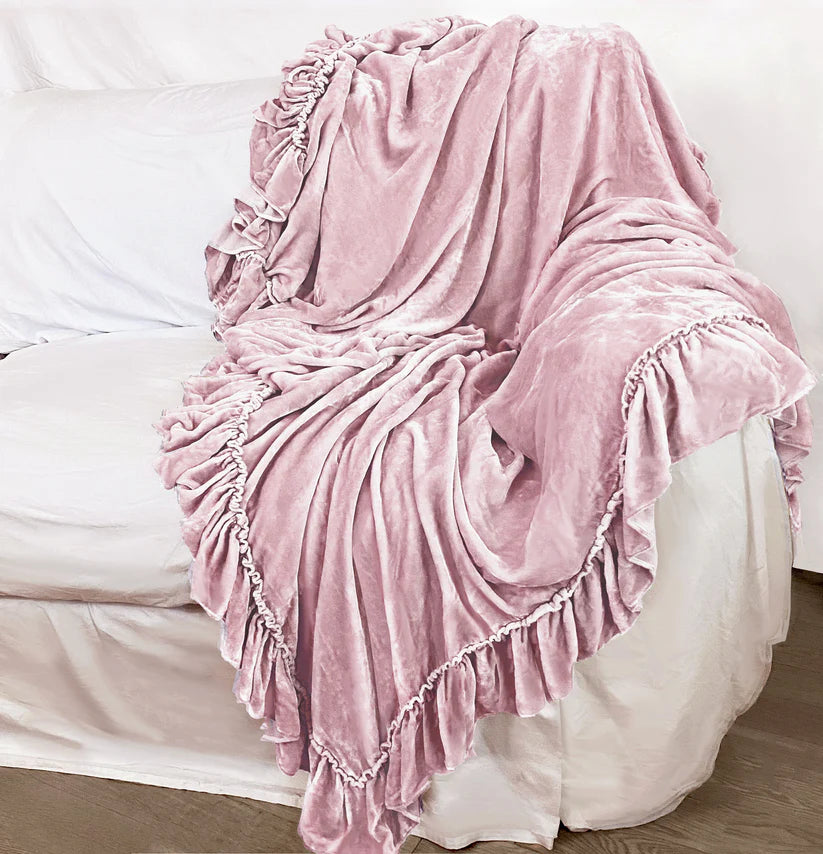 Linen Salvage Luxe Isabella Tatter Velvet Ruffle Throw - Rose