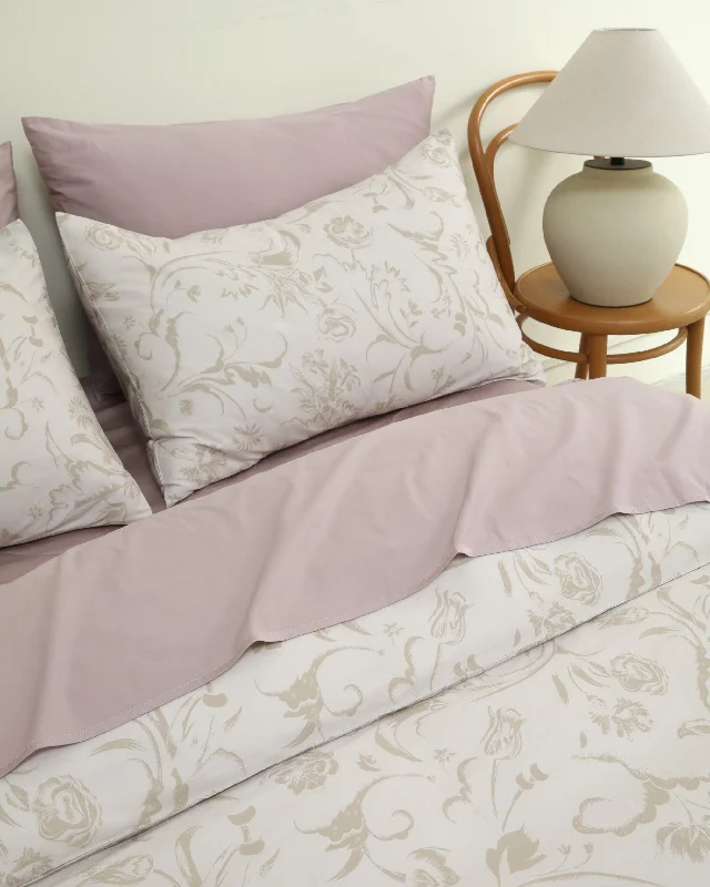 Classic Cotton Bedding Sets - Ivory Duvet Cover + Pink Flare Sheet Set - 7 piece set