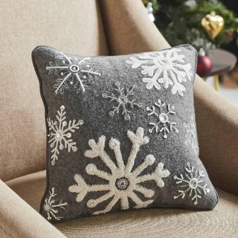 Snowflakes Grey Woolen Felt Pillow 12x12