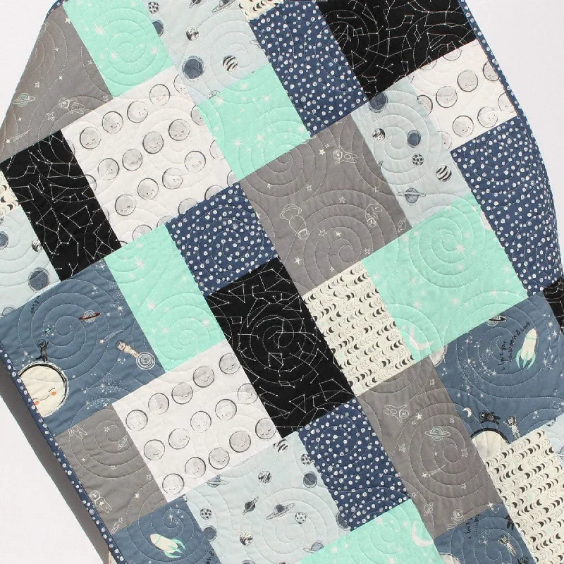 Space Baby Quilts for Sale, Handmade Personalized Gifts, Boy Nursery Decor Blanket Science Planets Moon Modern Nursery Navy Blue Mint Grey