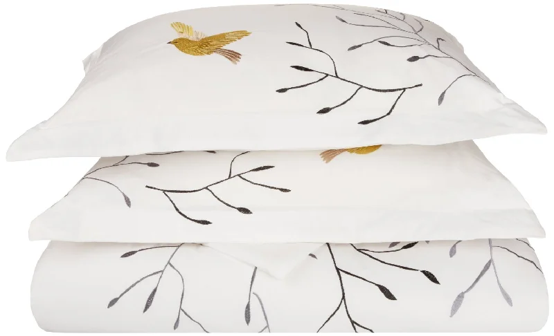 Superior Embroidered Modern Bird and Nature Cotton Duvet Cover and Pillow Sham Set