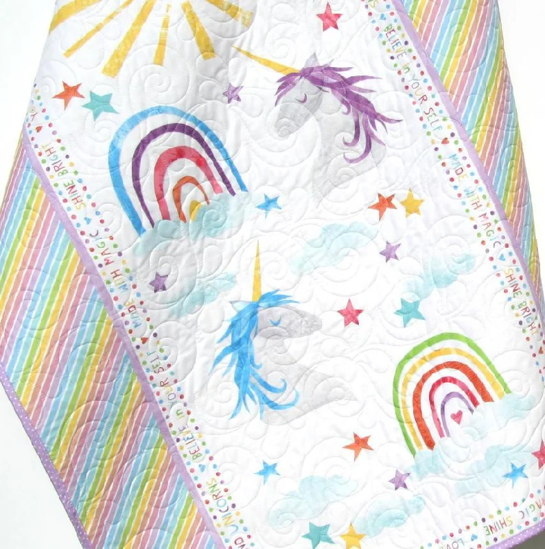 Unicorn Baby Quilt, Girl Nursery Bedding, Rainbow Blanket, Pink Blue Purple, Horses Stars Crib, Modern Infant Newborn Gift Shower, Grandbaby