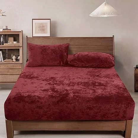 RUST MAROON VELVET FITTED SHEET SET