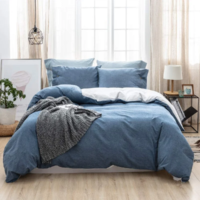 100% Washed Cotton 3 PCS Reversible Duvet Cover Set - Denim Blue & White